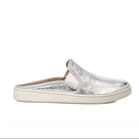 UGG Luci Metallic Silver Leather Slip On Mules Size 6 - Picture 1 of 13